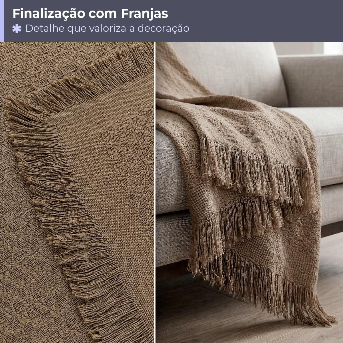 Decolab Manta Básica de Algodão Decorativa Moderna com Franja Estilo Boho para Poltrona, Sofá e Cama 150 x 120 cm em Acabamento Artesanal (Avelã)