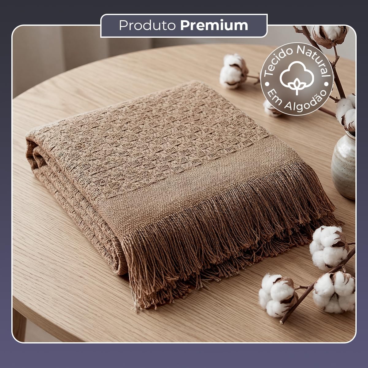 Decolab Manta Básica de Algodão Decorativa Moderna com Franja Estilo Boho para Poltrona, Sofá e Cama 150 x 120 cm em Acabamento Artesanal (Avelã)