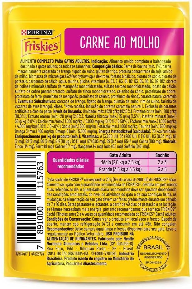 Pack Nestlé Purina Friskies Ração Úmida Para Gatos Adultos Carne Ao Molho - Com 15 Sachês 85g