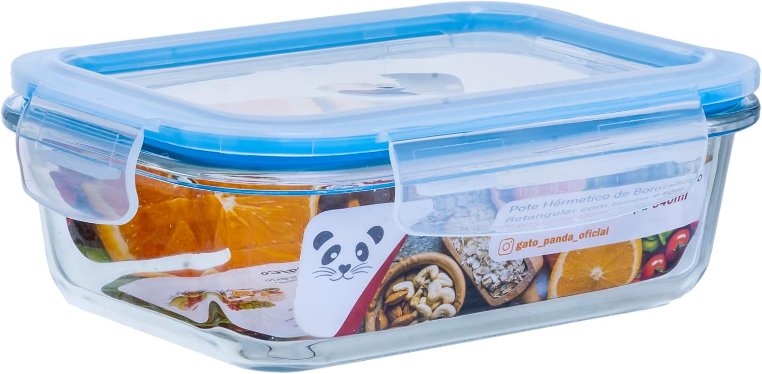 Gato Panda KIT Potes de Vidro Retangular com Tampa Hermética Branco ou Azul (5, Azul, 640ml)