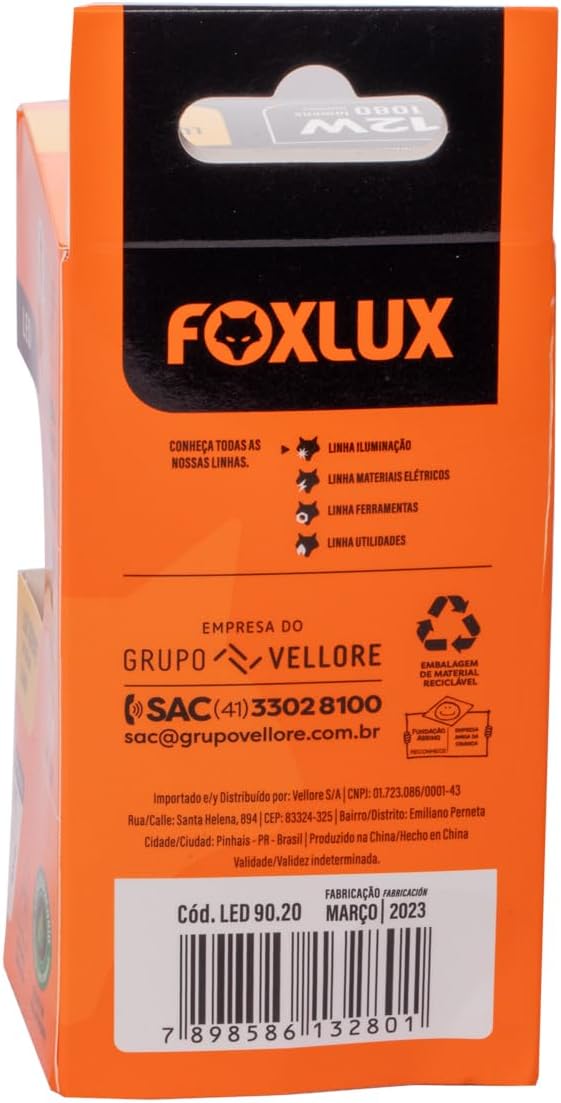 Lâmpada LED Bulbo Foxlux – 12W – 3000K – Luz Amarela – 1080 lm – Base E-27 – Bivolt – Vida média: 25.000h request change Lâmpada LED Bulbo 12W 3000K Bivolt - Luz Quente