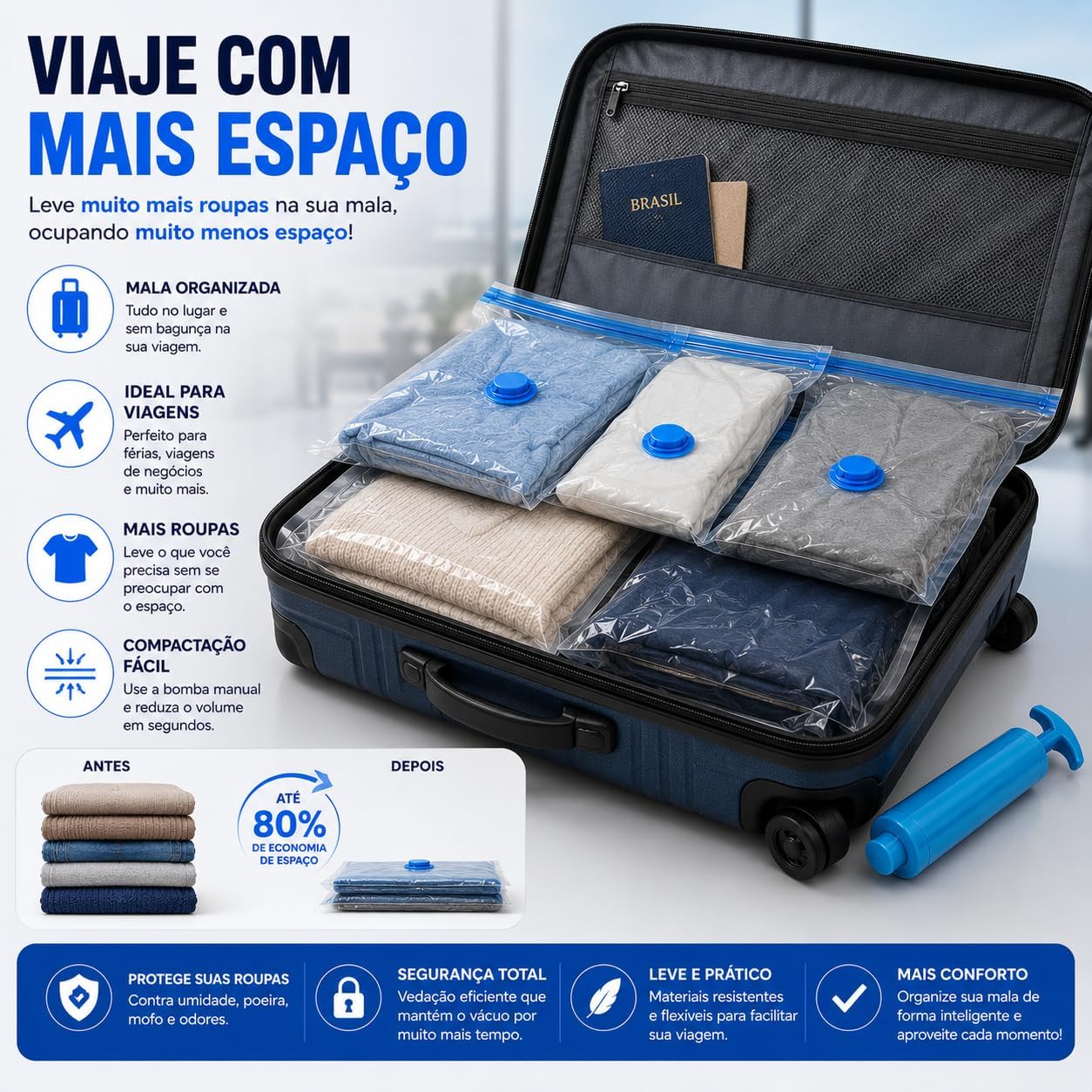 Kit 10 Sacos a Vácuo 50x60cm com Bomba Manual – Organizador de Roupas para Viagem e Armário, Economia de Espaço até 80%, Reutilizável, Proteção Contra Umidade, Poeira e Odores