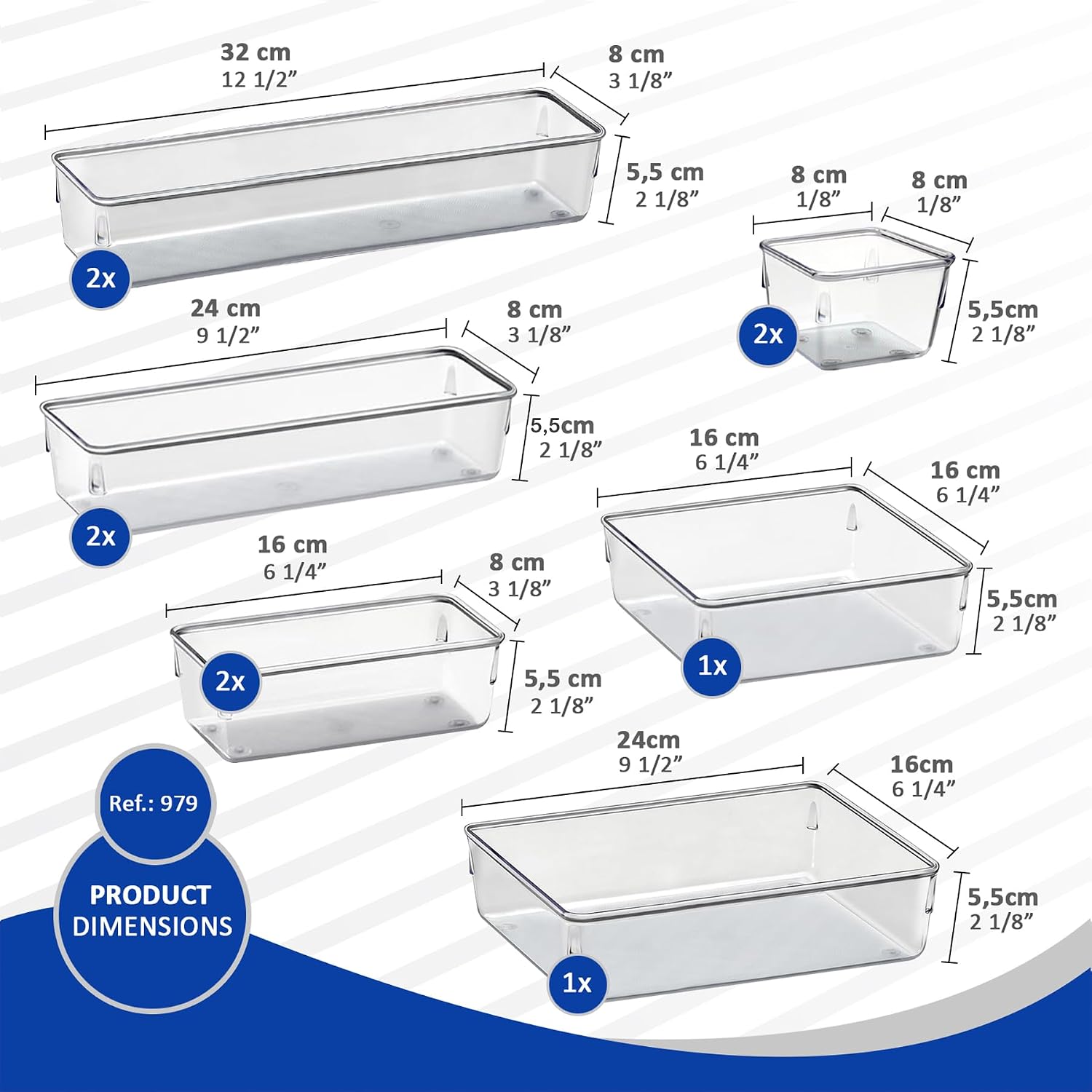 Acrimet Organizador Modular de Gavetas Transparente, Kit com 10 Potes | Tamanhos Sortidos para organizar gavetas, bancadas e armários