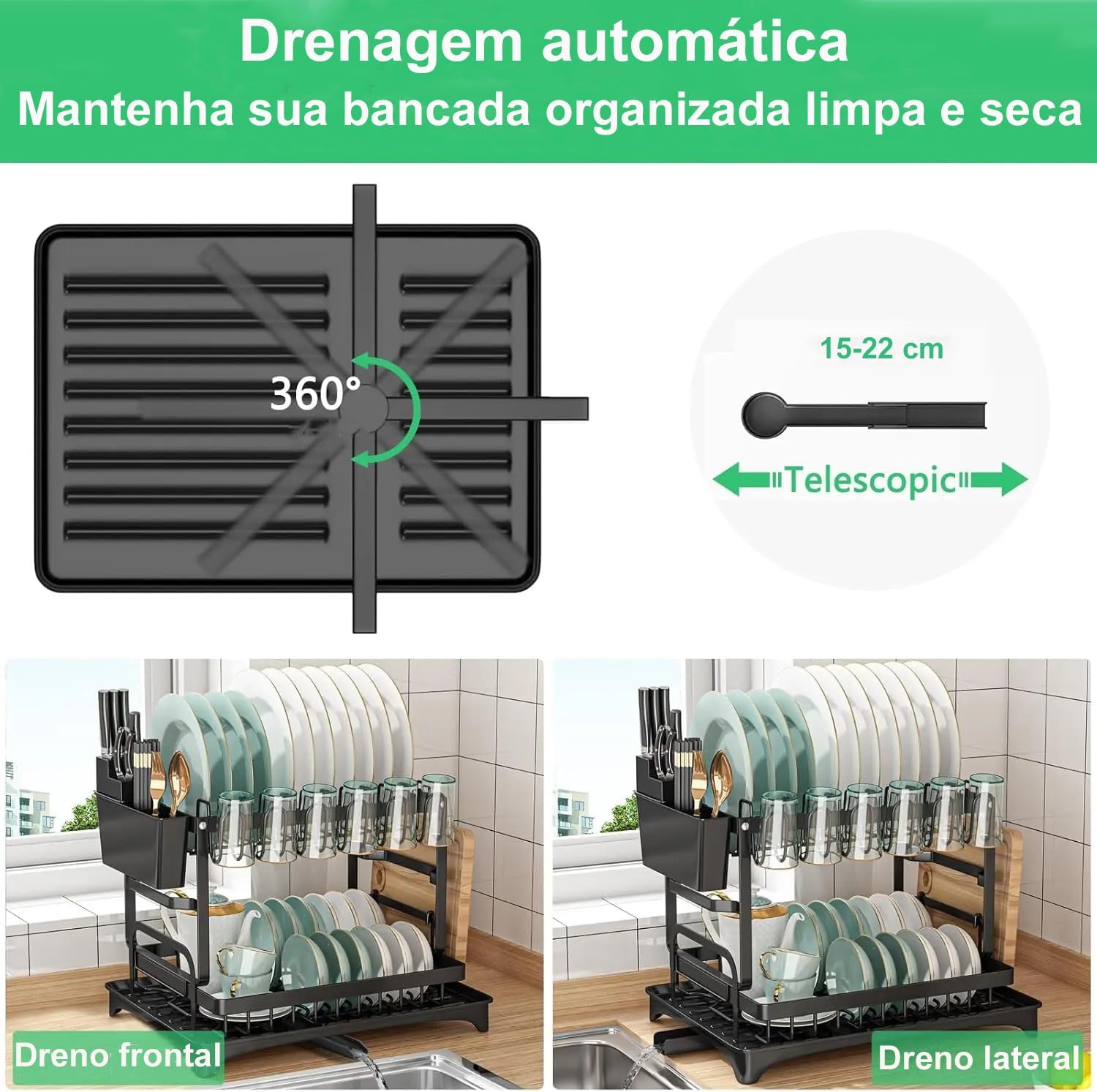 Escorredor de Louças em Aço Carbono com Suporte para Tábuas e Talheres