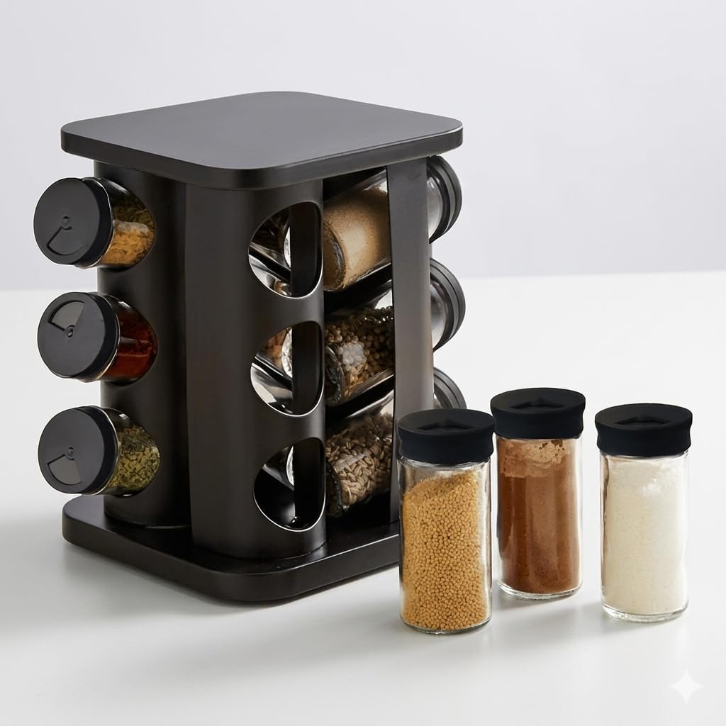 Porta Tempero Condimentos Giratório Preto Com 12 Potes 85ml