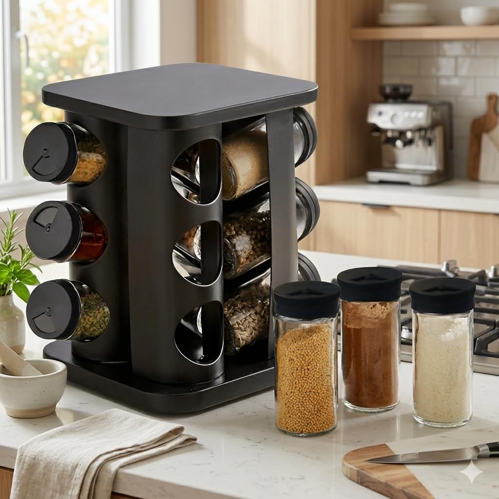 Porta Tempero Condimentos Giratório Preto Com 12 Potes 85ml