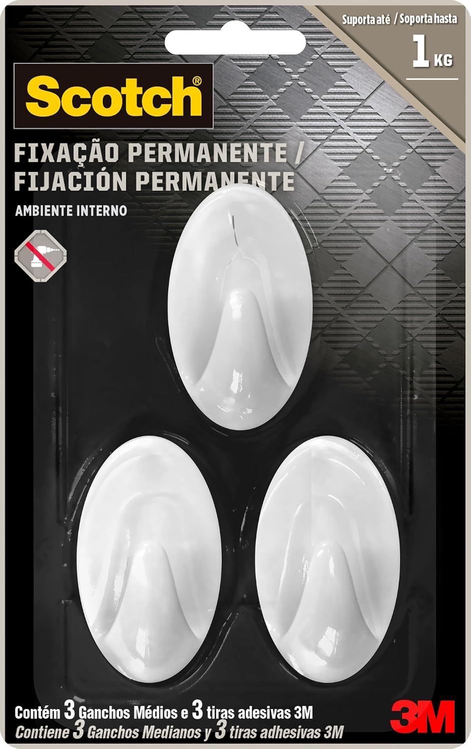 Scotch, 3M, Gancho Adesivo, Fixação Permanente, Sem Furos, Branco, 3 unidades
