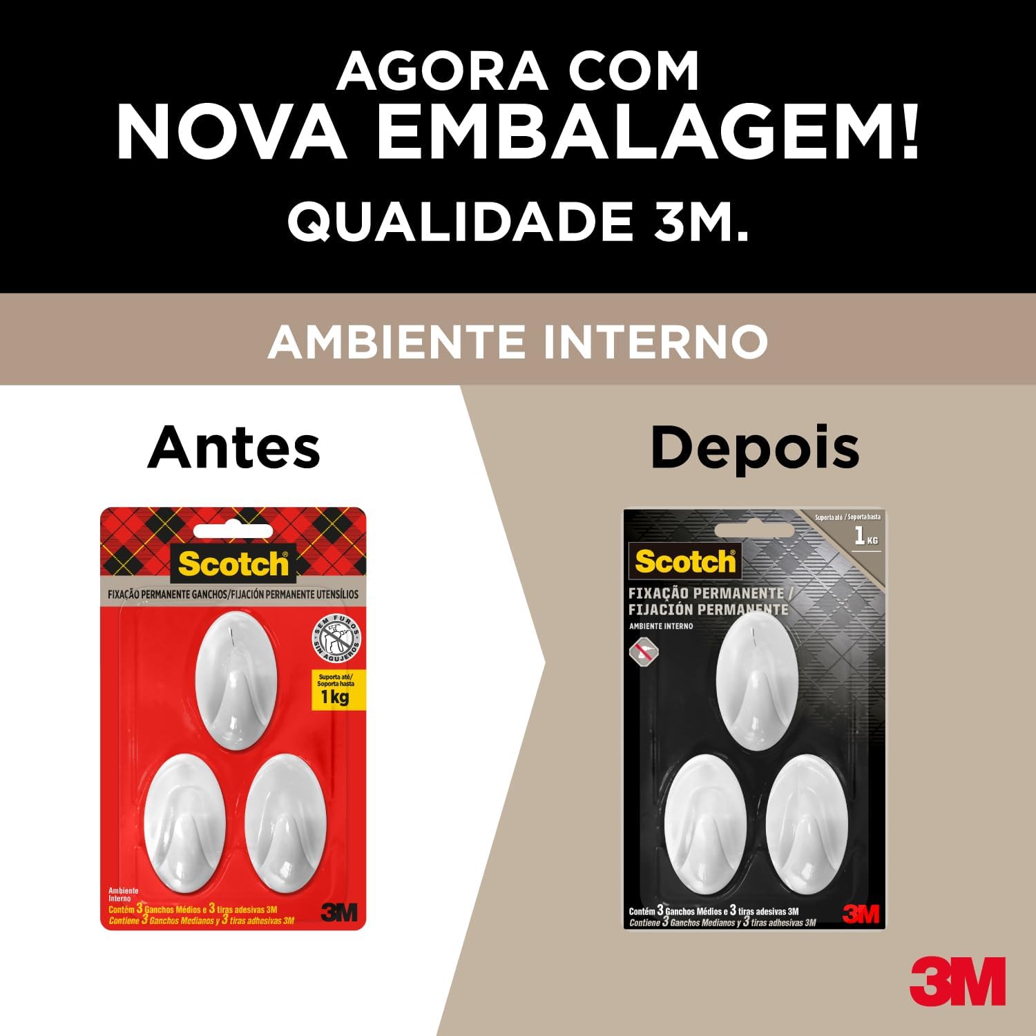 Scotch, 3M, Gancho Adesivo, Fixação Permanente, Sem Furos, Branco, 3 unidades