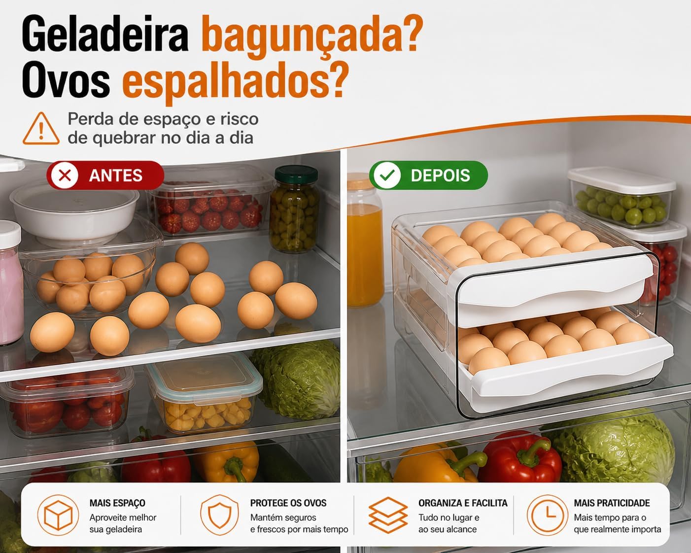 Porta Ovos para Geladeira 32 Unidades, Caixa Acrílica Transparente com Gaveta Deslizante, 2 Andares Empilhável, Organizador de Ovos Premium BPA Free para Cozinha e Organização Inteligente (Branco)