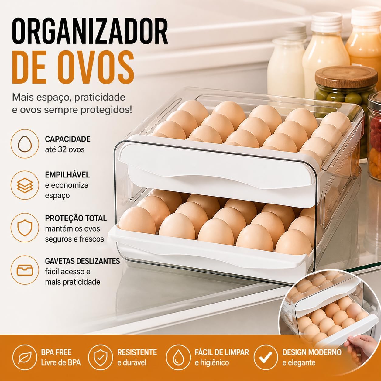 Porta Ovos para Geladeira 32 Unidades, Caixa Acrílica Transparente com Gaveta Deslizante, 2 Andares Empilhável, Organizador de Ovos Premium BPA Free para Cozinha e Organização Inteligente (Branco)