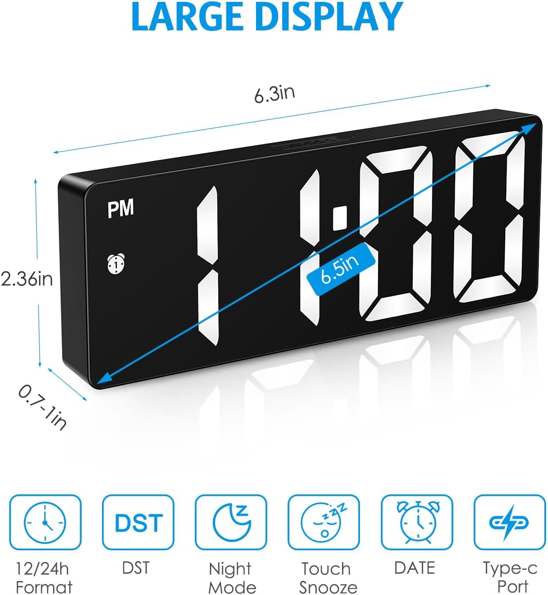(Versão atualizada) Relógio despertador digital, Relógio LED para quarto, Relógio eletrônico de mesa com visor de temperatura, brilho ajustável, controle de voz, visor 12/24H para casa, dormitório, escritório