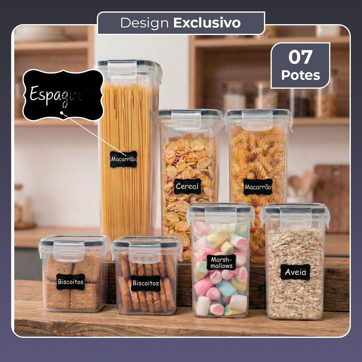 Decolab Kit Potes Herméticos com Vedação de Silicone Plástico BPA Free - Organizador de Geladeira, Porta Cereais, Temperos e Mantimentos (7, Transparente, Retangular) 2x0,8L / 2x1,4L / 2x2,0 / 1x2,8L