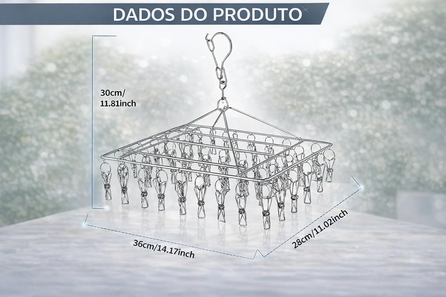 Varal Suspenso de Aço Inox Premium com 40 Prendedores para Meias, Calcinhas e Roupas Íntimas, Varal Quadrado Antiferrugem, Ideal para Apartamento, Lavanderia e Pequenos Espaços
