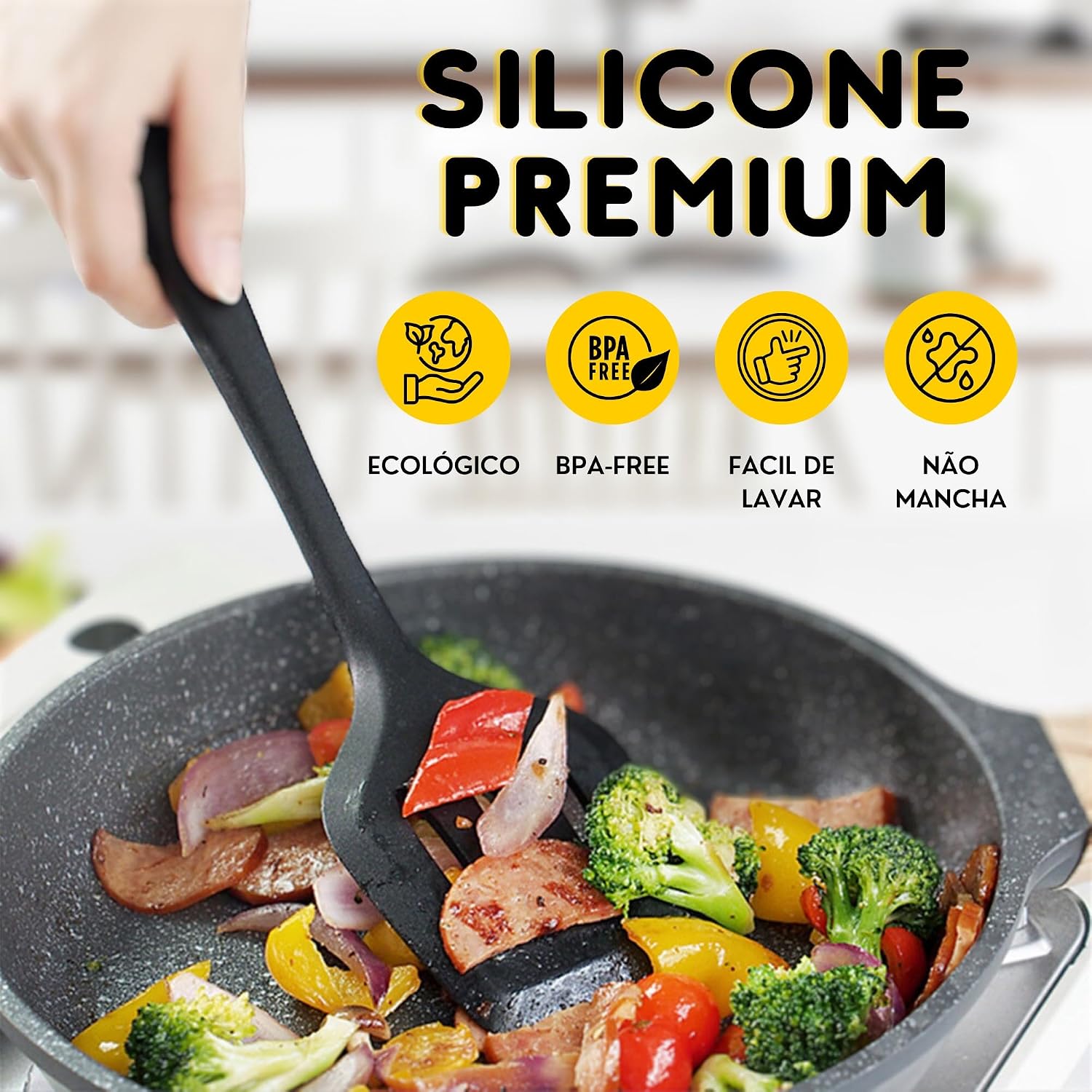 Kit 10 Utensílios de Cozinha LUMAI em Silicone e Aço Inox, Resistentes ao Calor, Antirriscos, com Espátula, Pegador, Concha e Colher, Preto