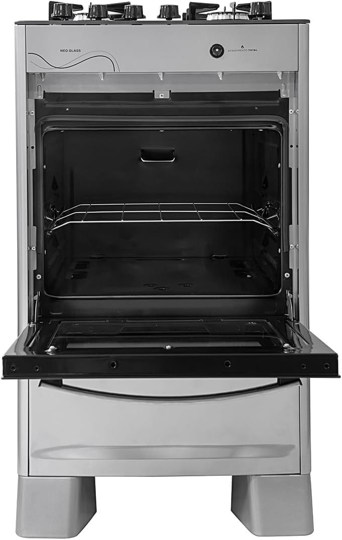 SUGGAR FOGÃO NEO GLASS PRATA MESA DE VIDRO 4 BOCAS TREMPE 6 APOIOS ACENDIMENTO AUTOMÁTICO FGVNG410PRIX