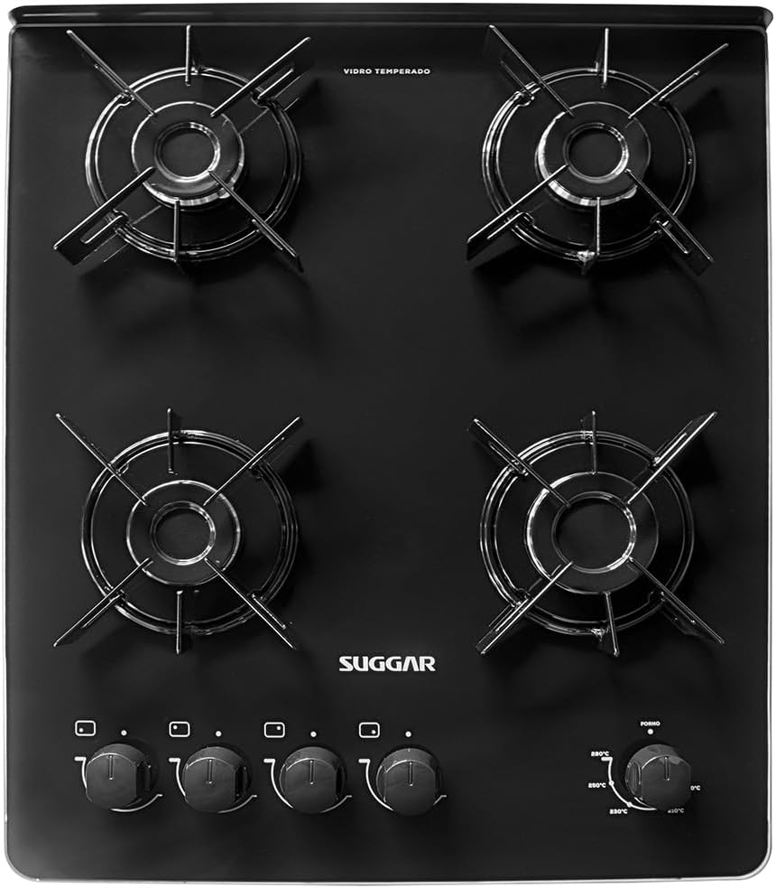 SUGGAR FOGÃO NEO GLASS PRATA MESA DE VIDRO 4 BOCAS TREMPE 6 APOIOS ACENDIMENTO AUTOMÁTICO FGVNG410PRIX