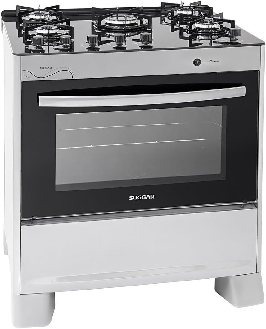 SUGGAR FOGÃO NEO GLASS PRATA MESA DE VIDRO 5 BOCAS TREMPE 6 APOIOS ACENDIMENTO AUTOMÁTICO FGVNG510PRIX