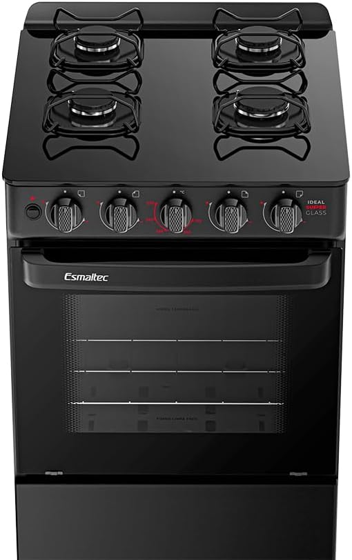 Fogão a Gás Mesa Glass Forno 50L Limpa Fácil e Acendimento Automático Esmaltec IDEAL Super Glass F4VAP Cor Preto 4 bocas Bivolt
