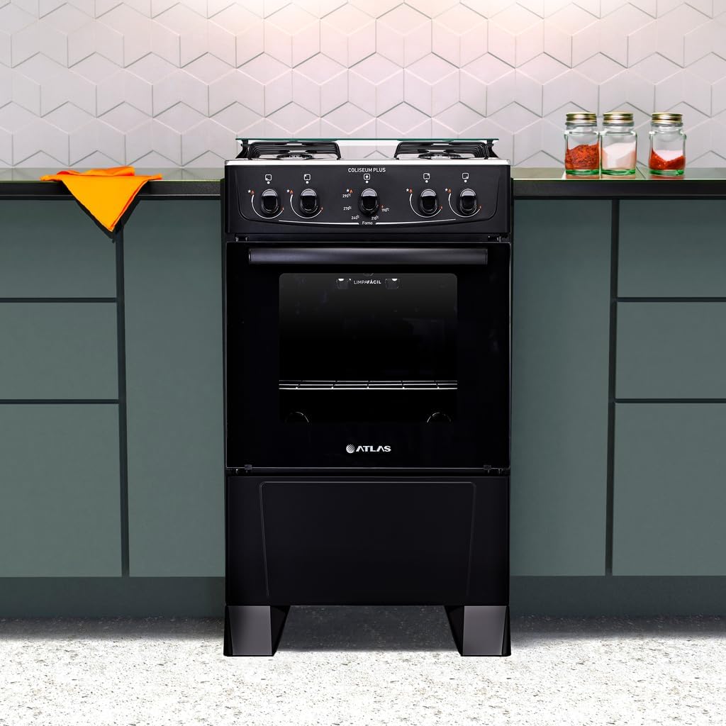 Fogão Atlas 4 bocas preto com forno limpa fácil Coliseum Plus - Forno 50l