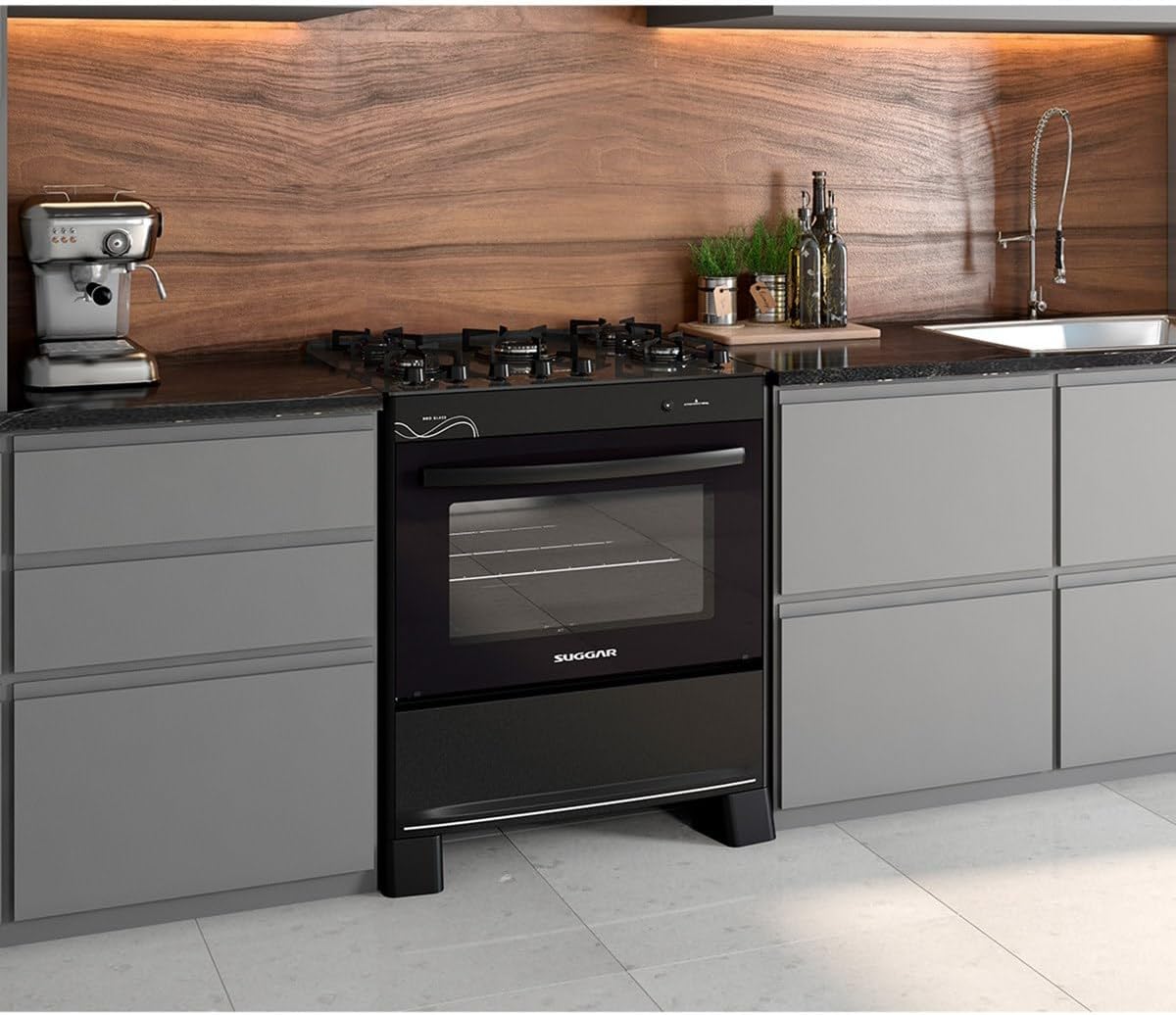 SUGGAR FOGÃO NEO GLASS PRETO MESA DE VIDRO 5 BOCAS TREMPE 6 APOIOS ACENDIMENTO AUTOMÁTICO FGVNG510PT