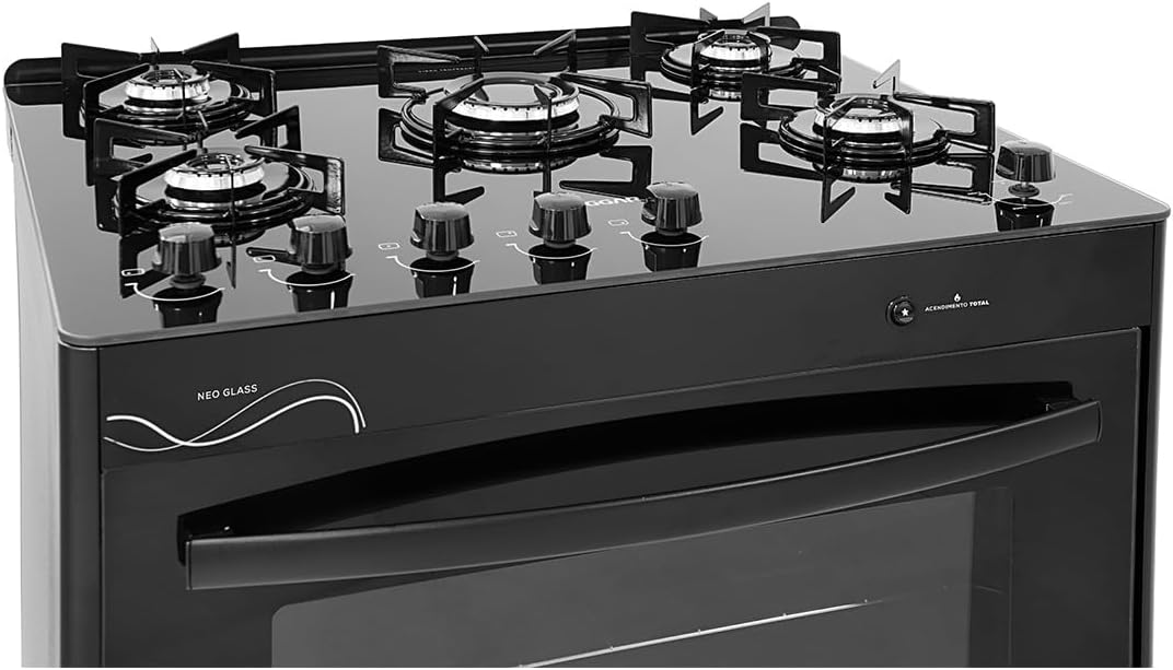 SUGGAR FOGÃO NEO GLASS PRETO MESA DE VIDRO 5 BOCAS TREMPE 6 APOIOS ACENDIMENTO AUTOMÁTICO FGVNG510PT
