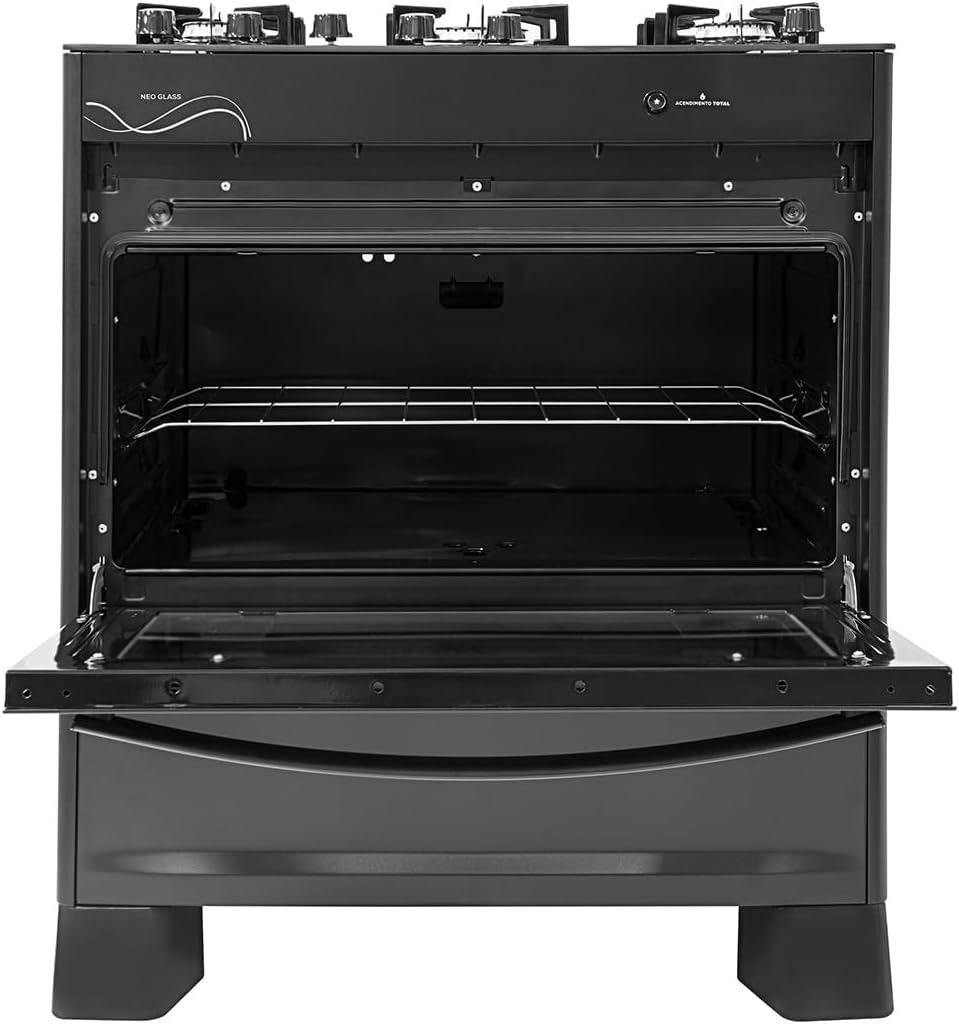 SUGGAR FOGÃO NEO GLASS PRETO MESA DE VIDRO 5 BOCAS TREMPE 6 APOIOS ACENDIMENTO AUTOMÁTICO FGVNG510PT