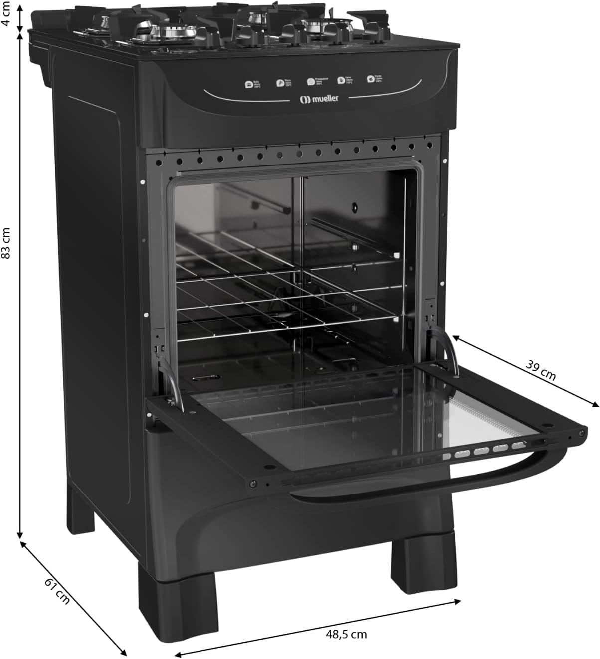Fogão Mueller preto fosco 4 Bocas com mesa de vidro e acendimento Mfv4bb