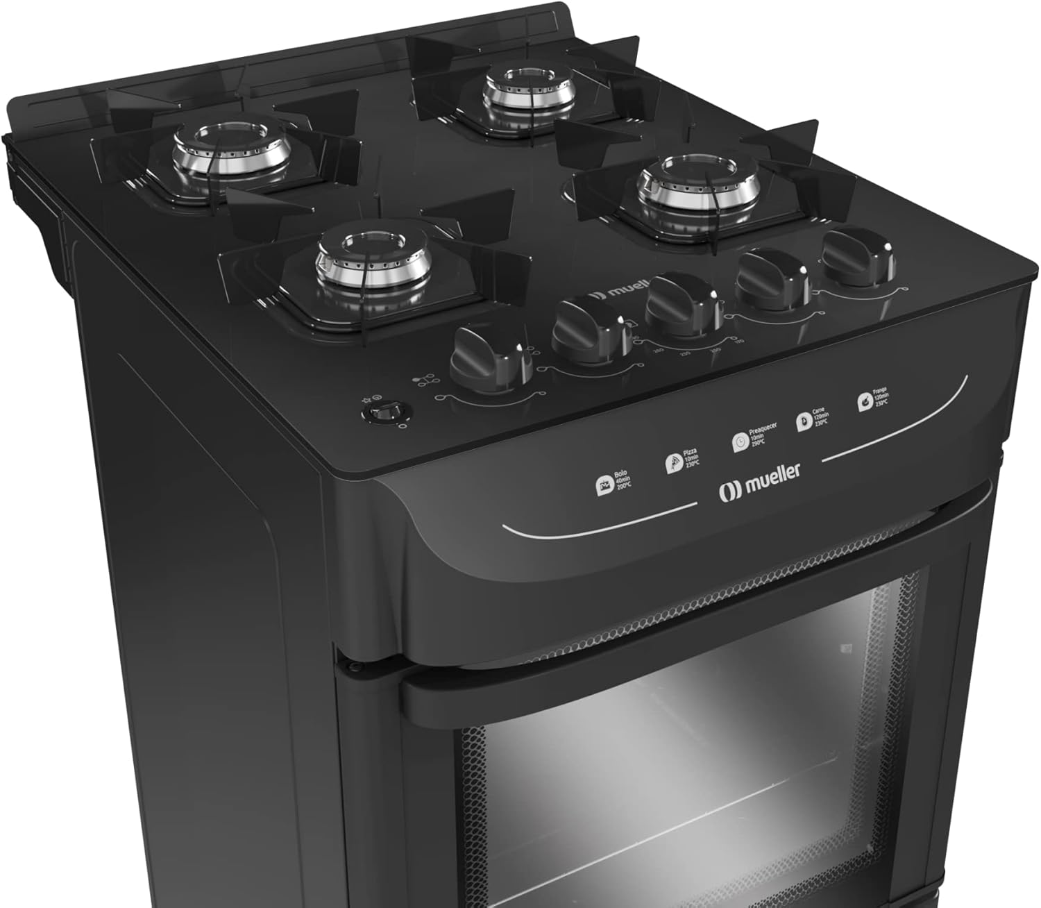 Fogão Mueller preto fosco 4 Bocas com mesa de vidro e acendimento Mfv4bb