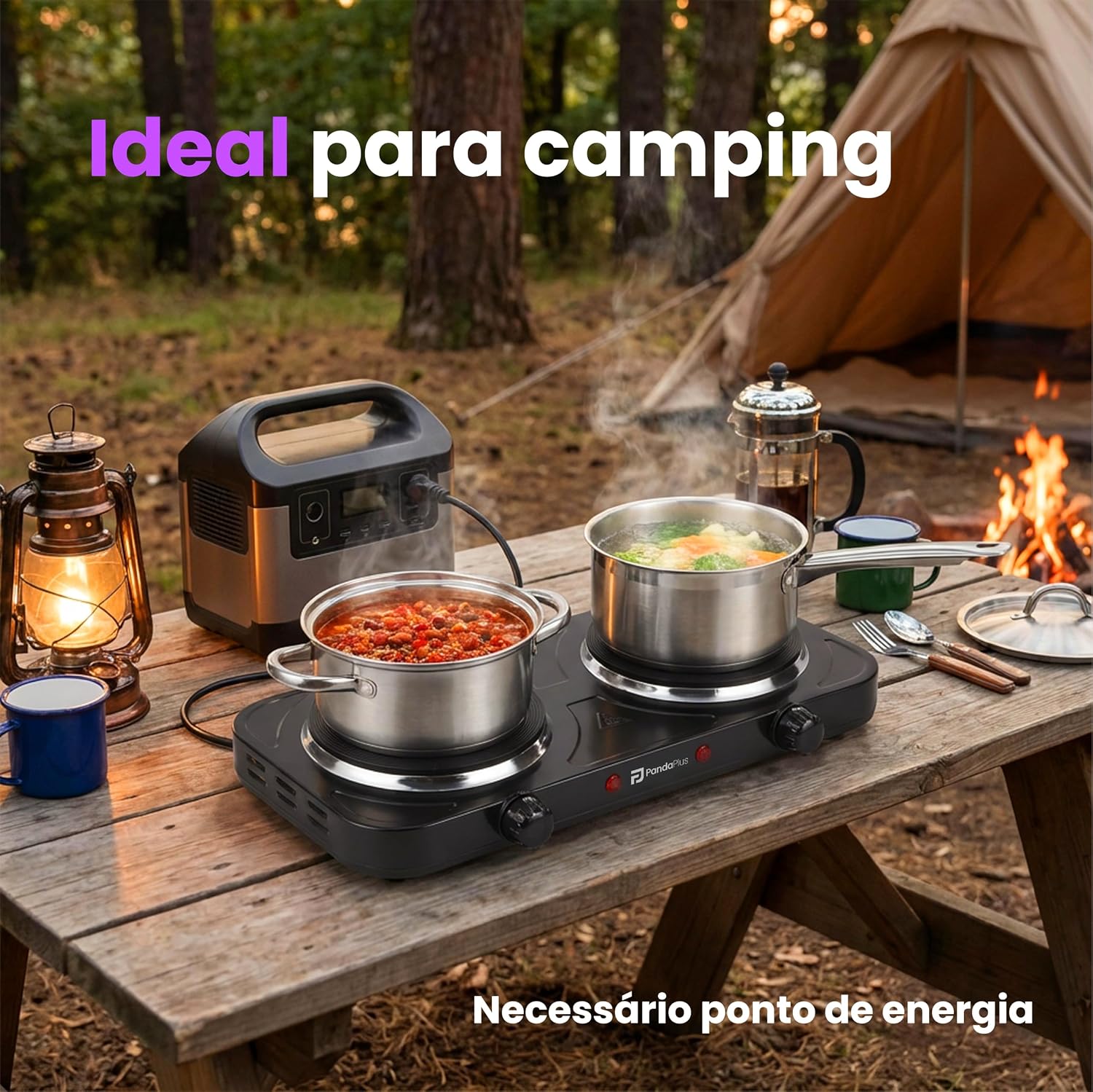 Fogão Elétrico Portátil Cooktop de Mesa 2 Bocas Panda Plus 220V Preto 2000W