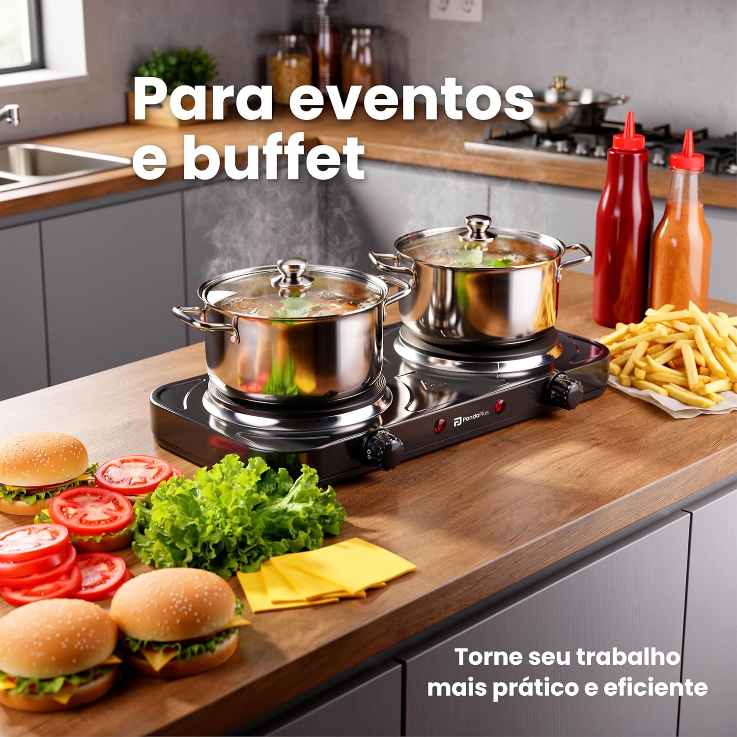 Fogão Elétrico Portátil Cooktop de Mesa 2 Bocas Panda Plus 220V Preto 2000W