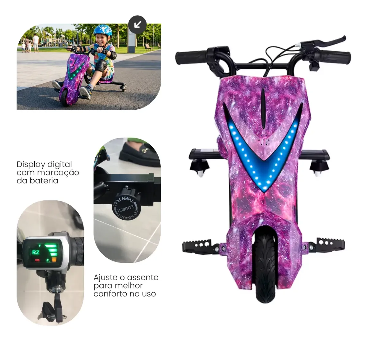 Triciclo Elétrico Drift 3 Velocidades 250w Bluetooth Led