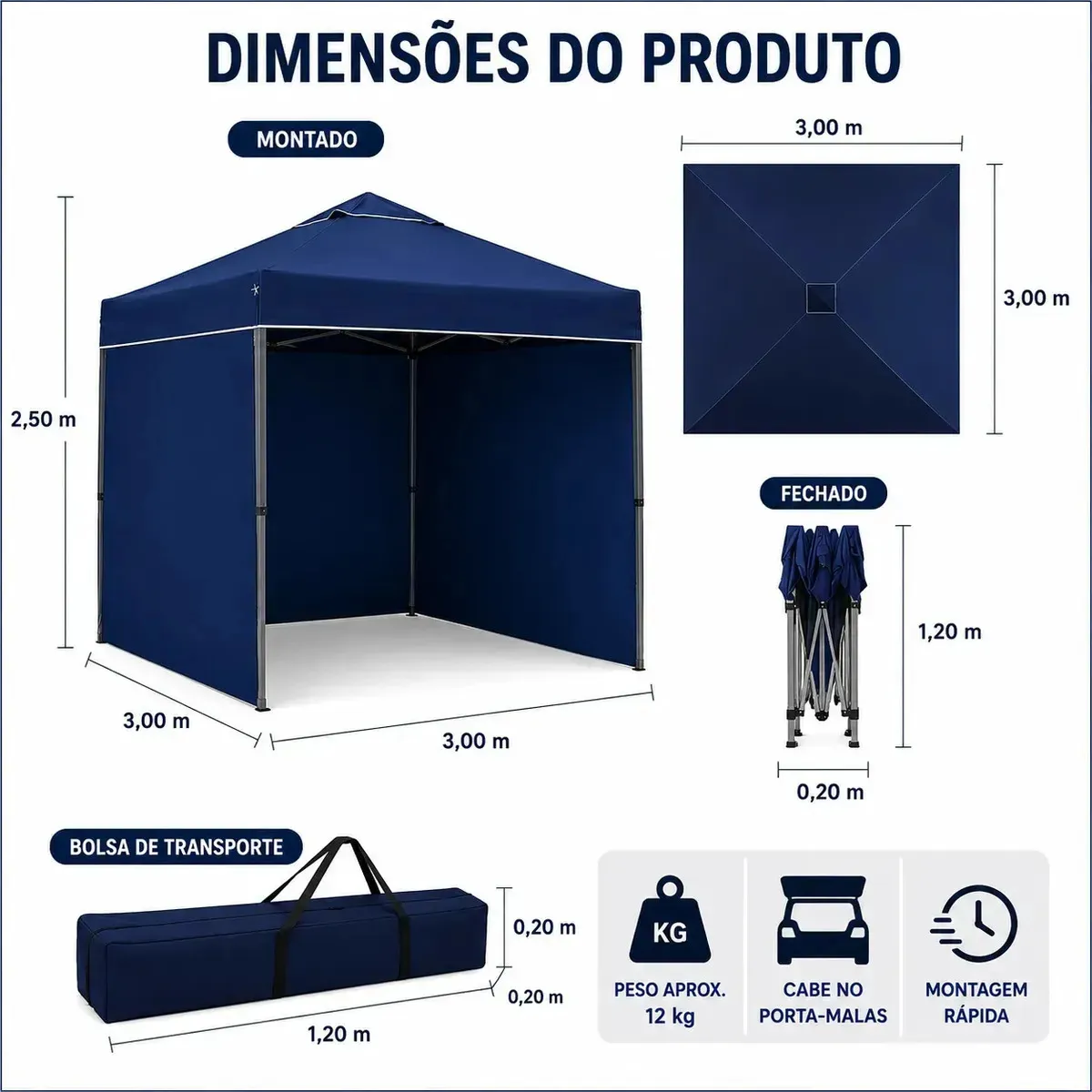 Gazebo Tenda Barraca Articulado Alumínio 3x3m + 3 Paredes Azul