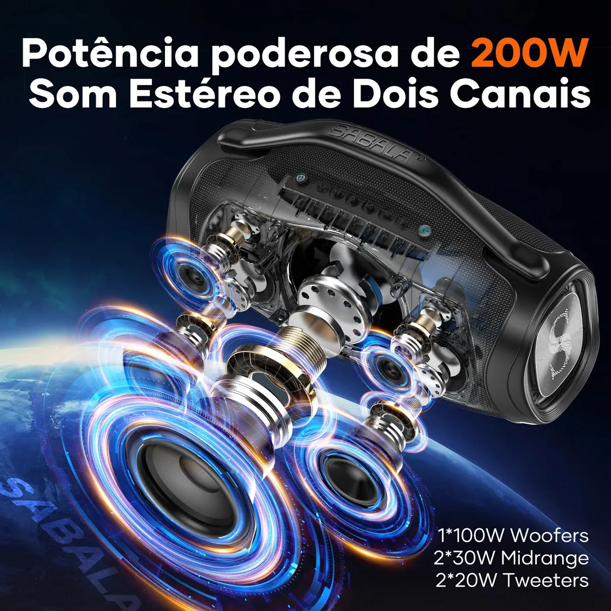 Caixa de som bluetooth 200w 39000mah eq ipx6 Sabala DRa-909 cor preto