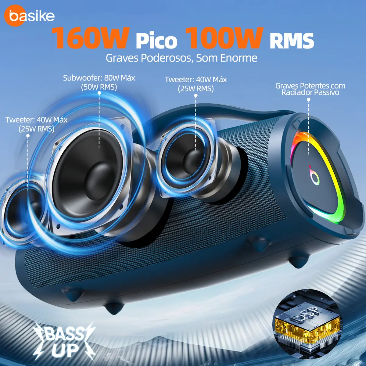 Caixa Bluetooth Portatil, Subwoofer Ativo, Boombox, 160w, Bluetooth 5.4, Estéreo Hifi, Tws 1+1, 10000mah, Bateria 15 Horas(65b Spl), Ipx6, Com Rgb, Powerbank Para iPhone E Samsung, Cor Azul-turquesa