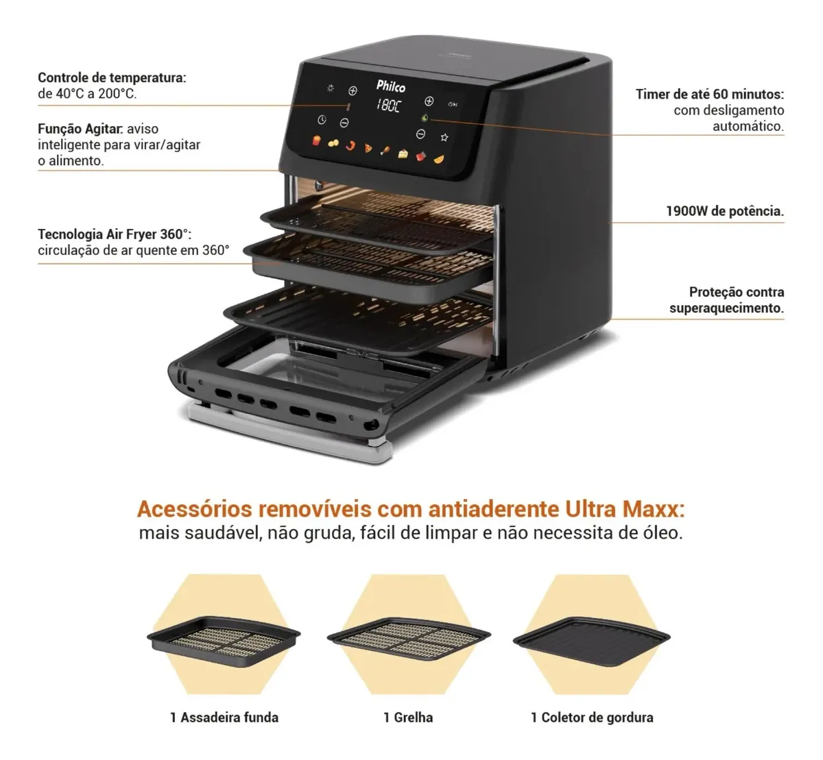 Fritadeira Air Fryer Philco 16 Litros Paf16c Preto - Bivolt 110V/220V
