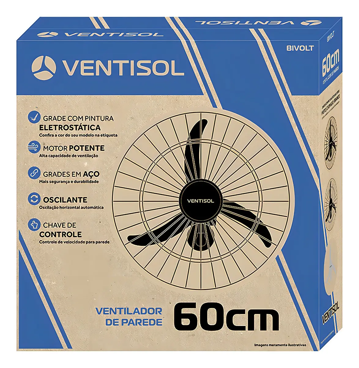 Ventilador de parede Ventisol Comercial preto 200w com 3 pás de plástico