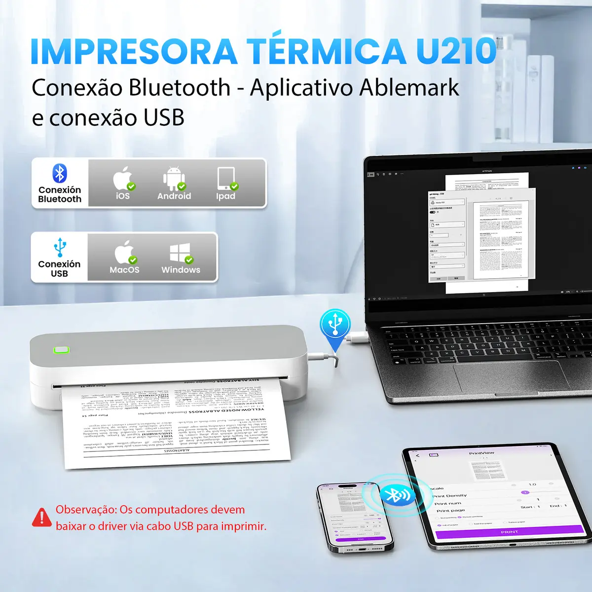 Impressora Portátil Ablemark A4 sem Tinta Com Bluetooth